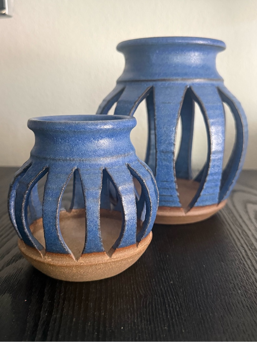Handmade Blue Pottery Stoneware Cutout Vase Candle Holder Lantern (set of 2)